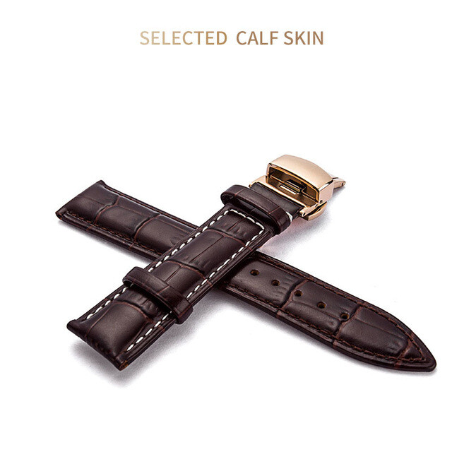 12-24MM Watch Band Strap Genuine Leather Deployment Clasp Buckle Black