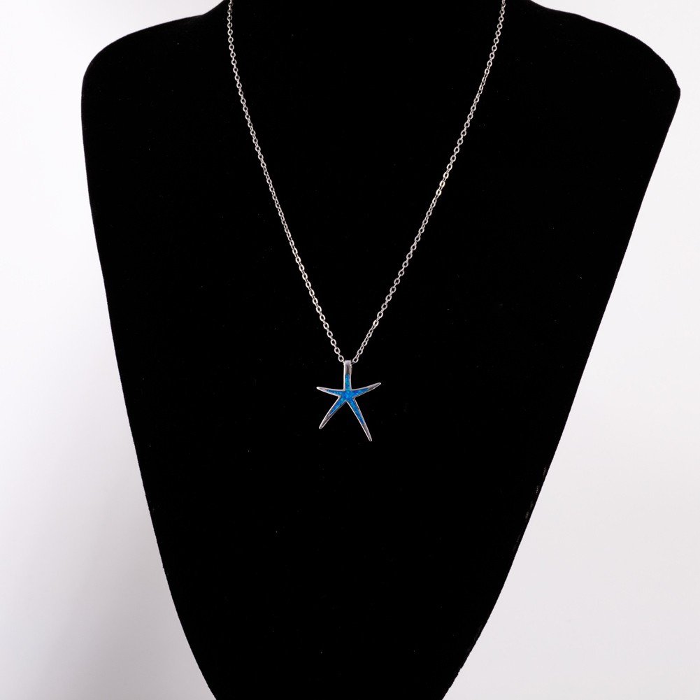 Skinny Starfish Ocean Blue Fire Opal Silver Jewelry Necklace Pendant