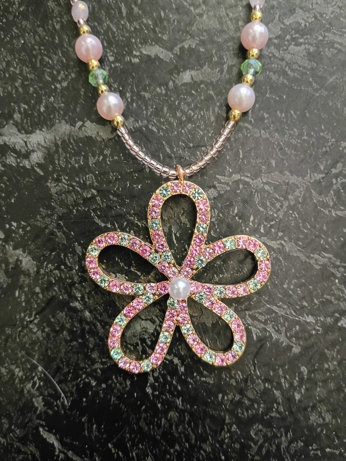Beaded Ball Chain Necklace w/ Pink Green Rhinestone Pavé Flower Charm Pendant
