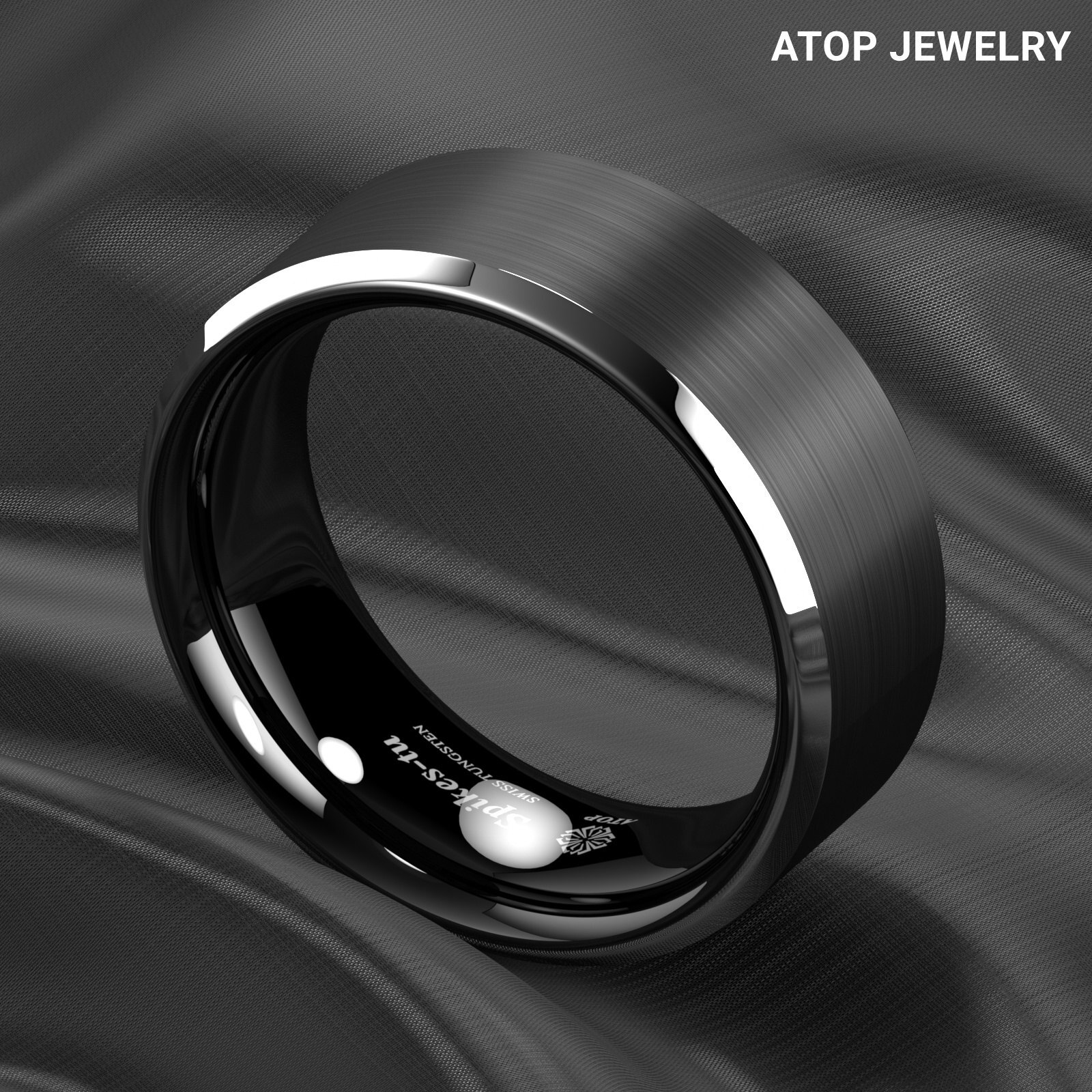 8/6mm Silver Edge Black Frosted Tungsten Ring Men Wedding Band ATOP Jewelry