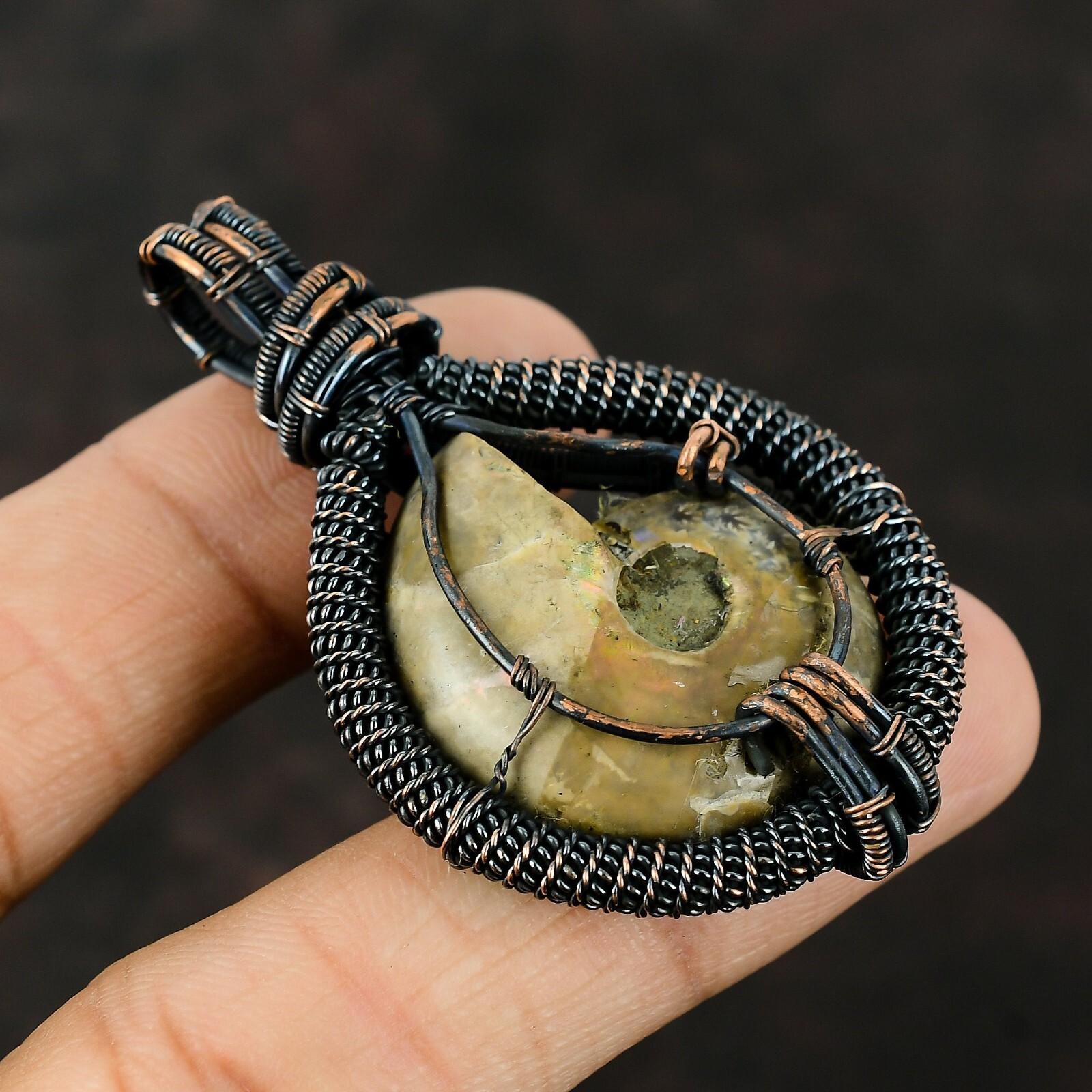 Ammonite Fossil Wire Wrapped Pendant Handcrafted Copper Gift Jewelry 2.56″