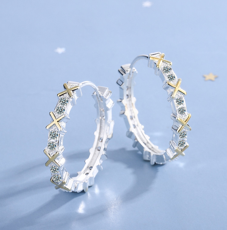 925 Sterling Silver Gold Tone CZ Cross Huggie Hoop Earrings 15mm/0.6″ Gift PE