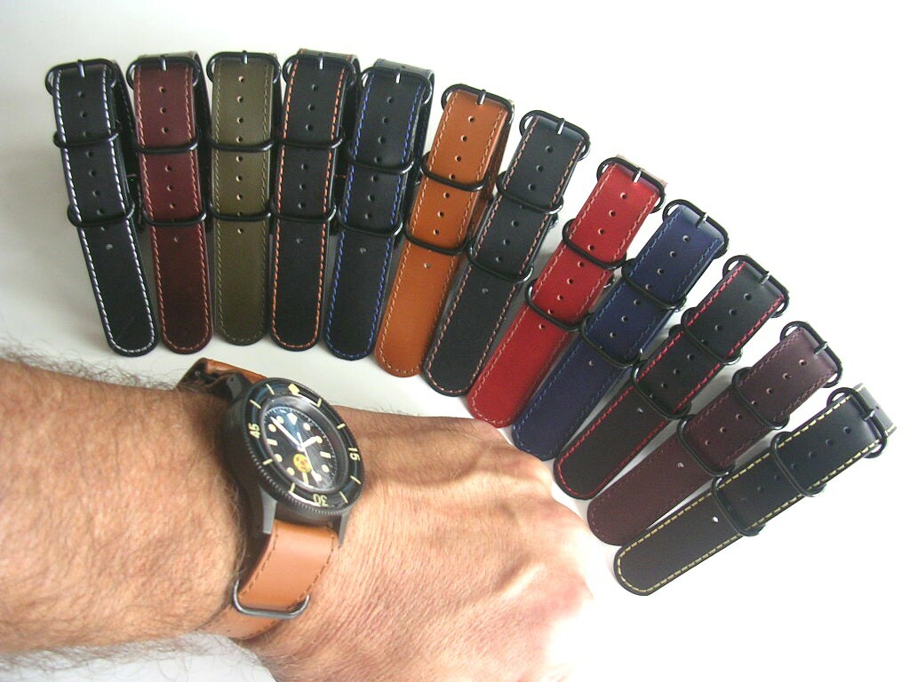 20mm Black Blue NATO G10 Shell Oily Leather watch band UTC Pilot strap IW SUISSE