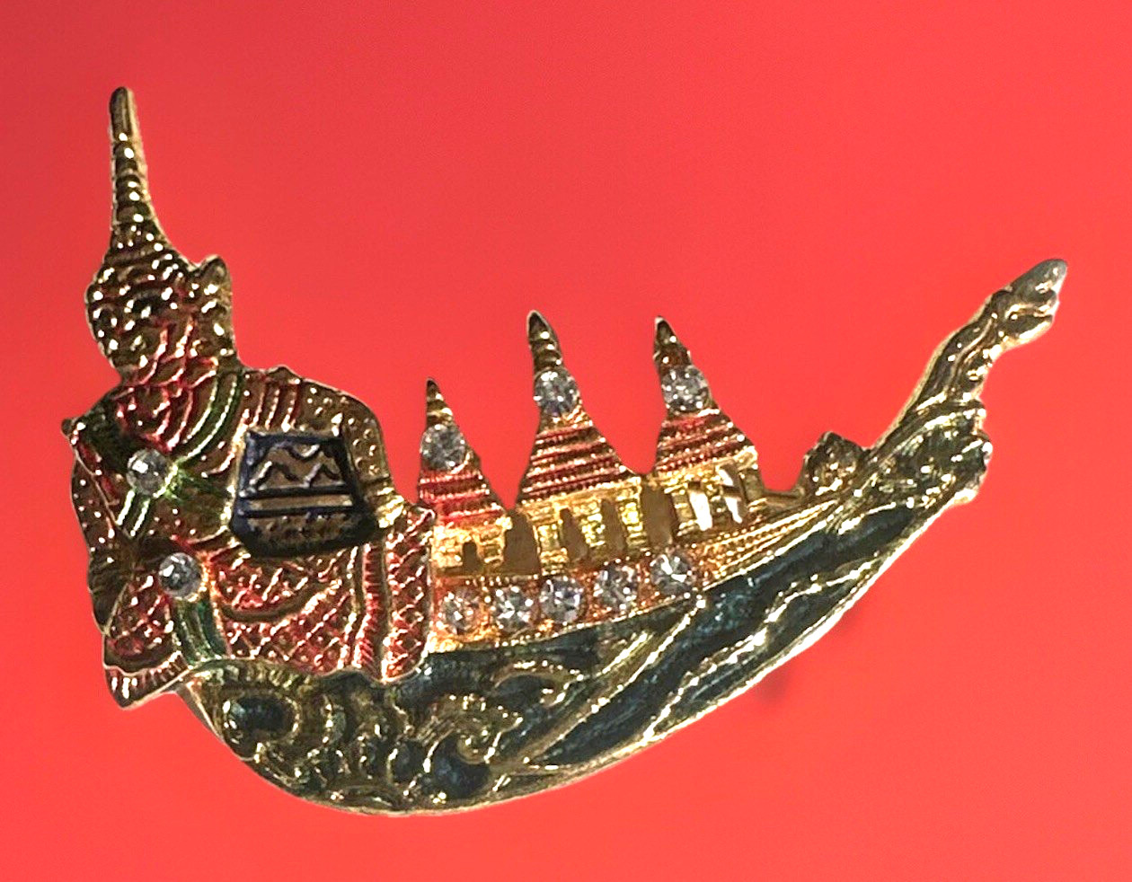 Brooch Pin Siam Gondola Thai Gold Rhinestones Enameled Vintage 2.5″