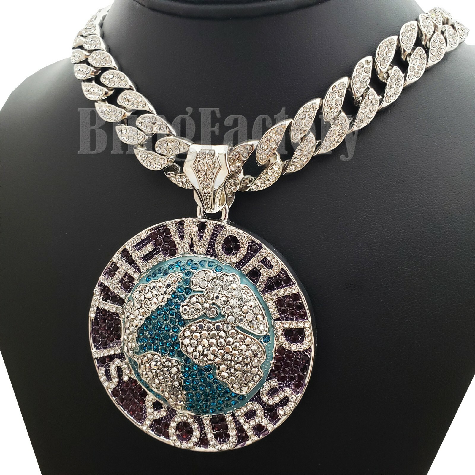 SILVER PLATED ALLOY CUBIC ZIRCONIA WORLD IS YOURS & 18″ ICED CHAIN NECKLACE SET