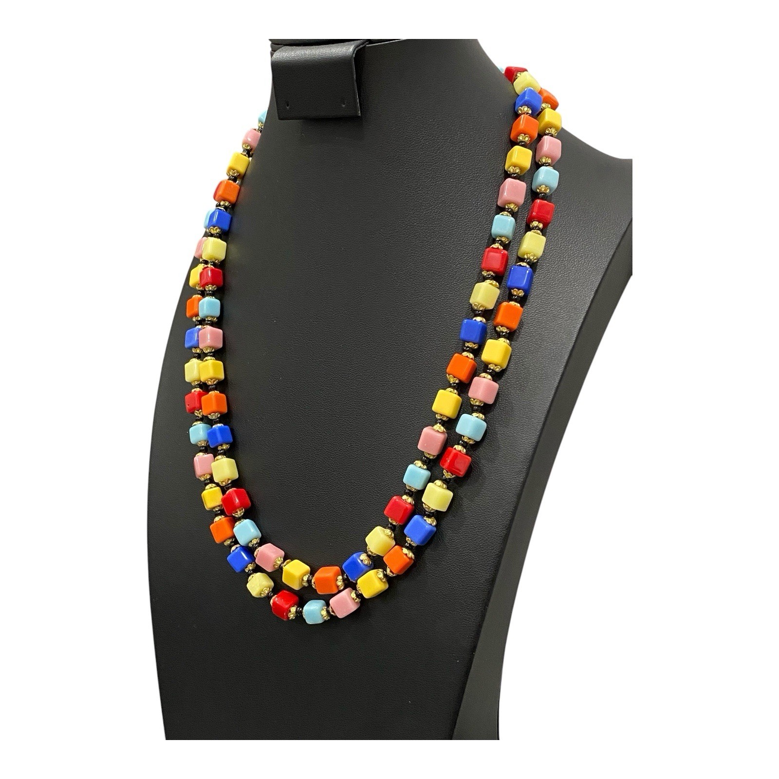 Vtg 1930s Czech Harlequin Glass Cube Bead Flapper Rope Necklace Art Deco 49″