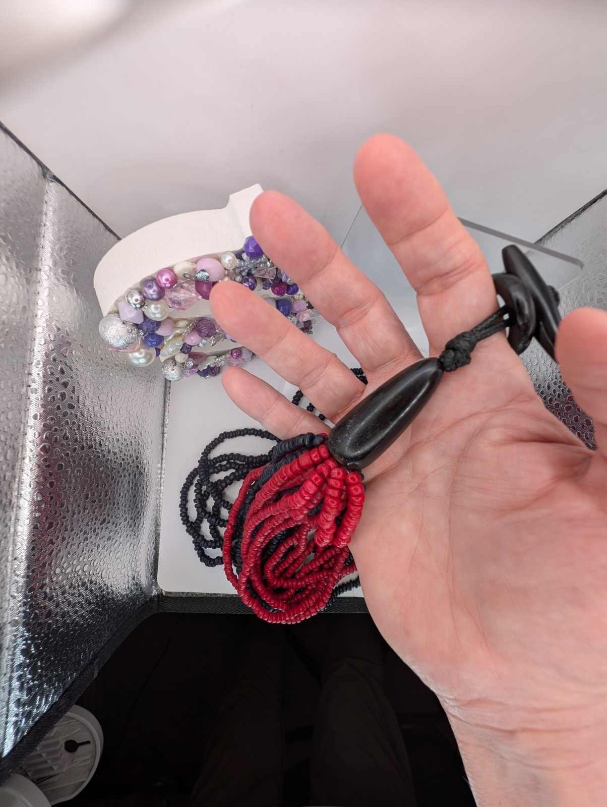 Chunky red black dyed wood multi strand none metal statement toggle necklace