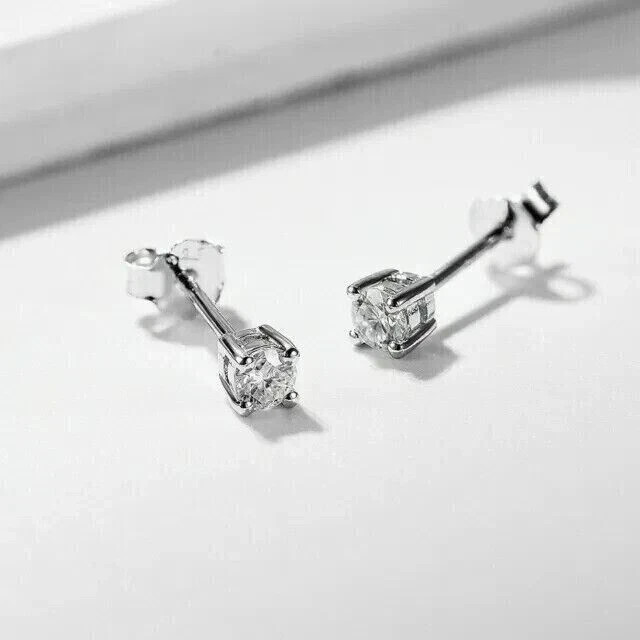 14K White Gold Plated 4MM Round Cut Lab Created Diamond Solitaire Stud Earrings