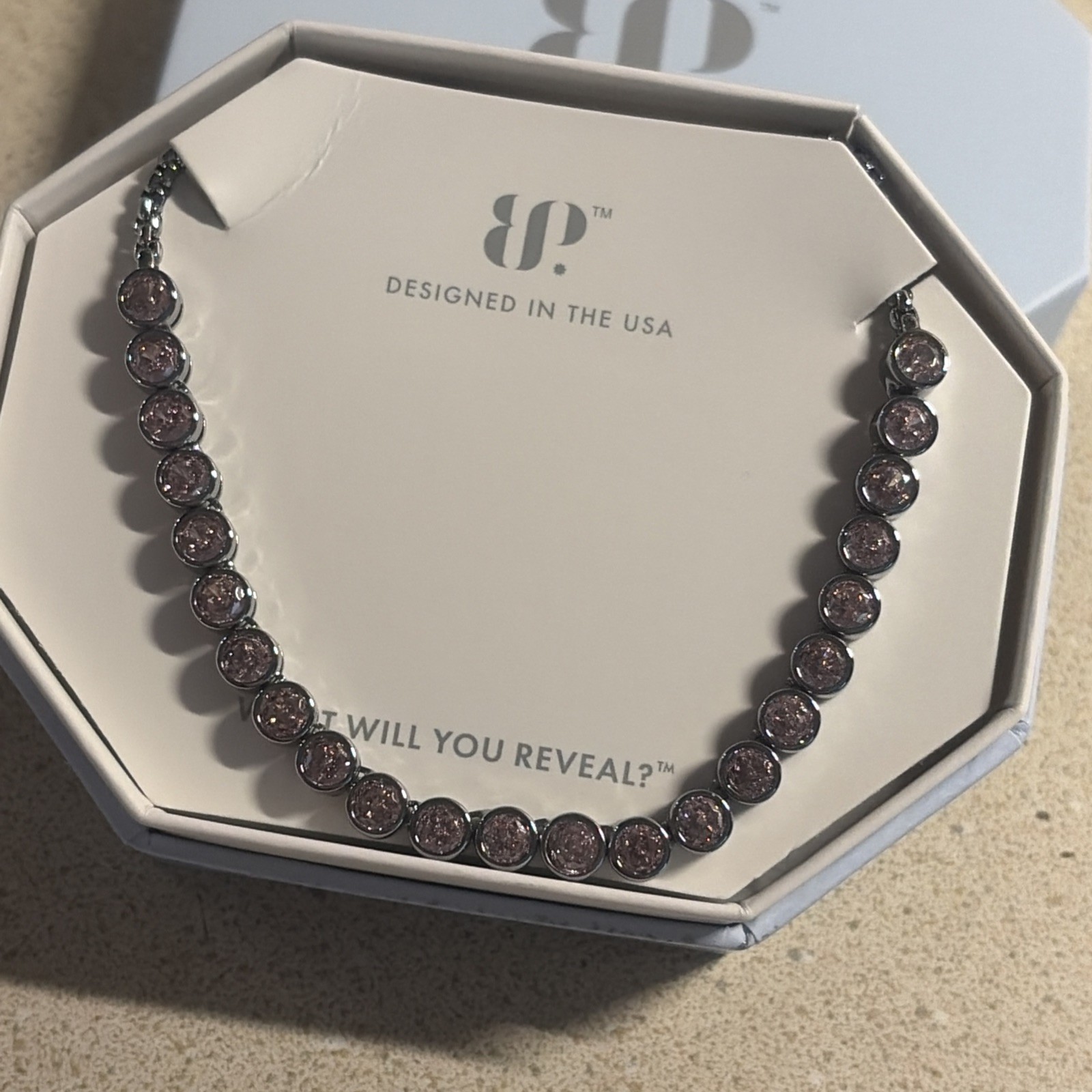 Bomb Party NK36920 “Yes, She’s Yours” Rose Quartz cz Hematite tennis necklace