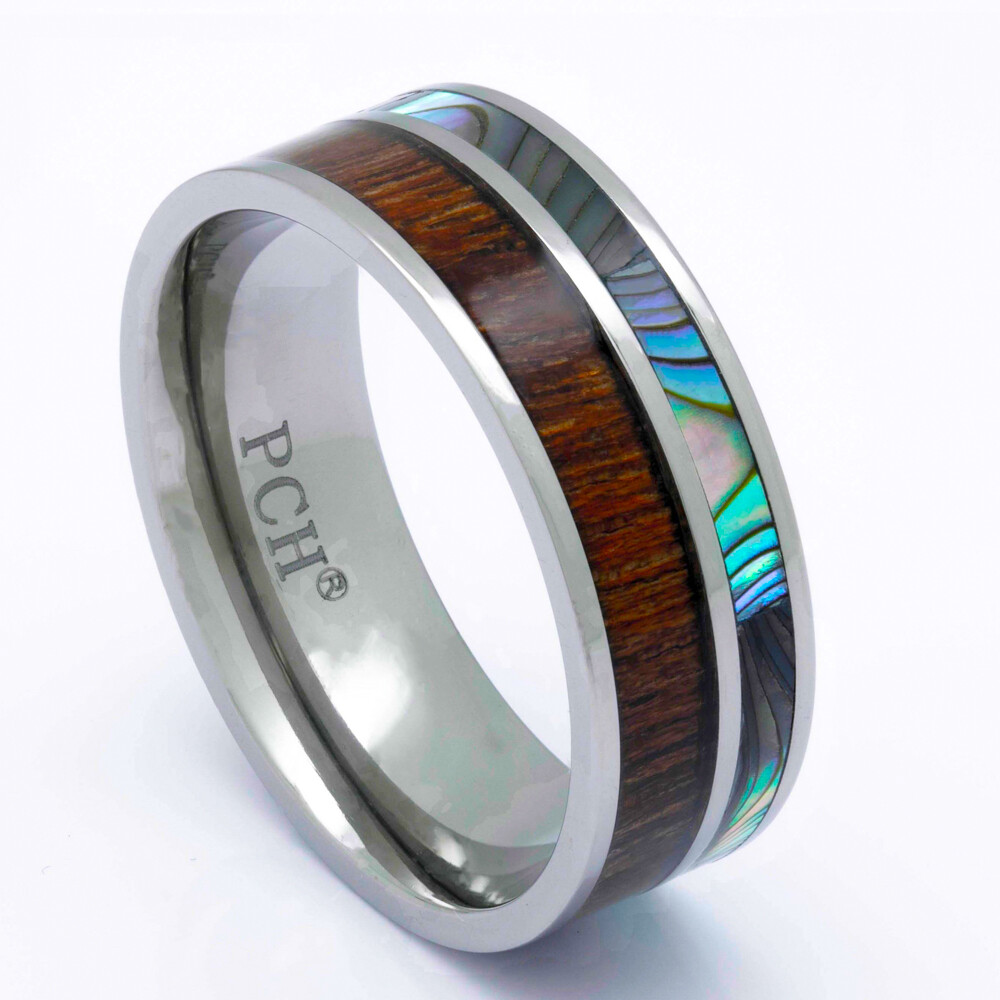 Titanium Hawaiian Koa Wood and Abalone Ring 8mm Comfort Fit Band Size 8 to 15