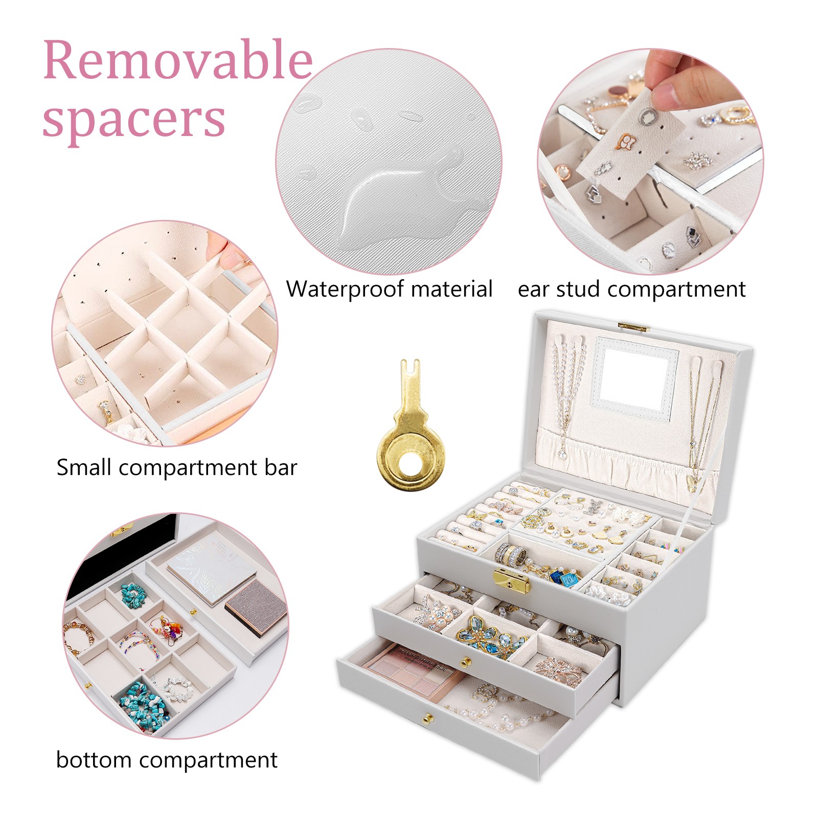 White 3-Layer Jewelry Box Portable Travel Storage Case with Mirror & Lock Key