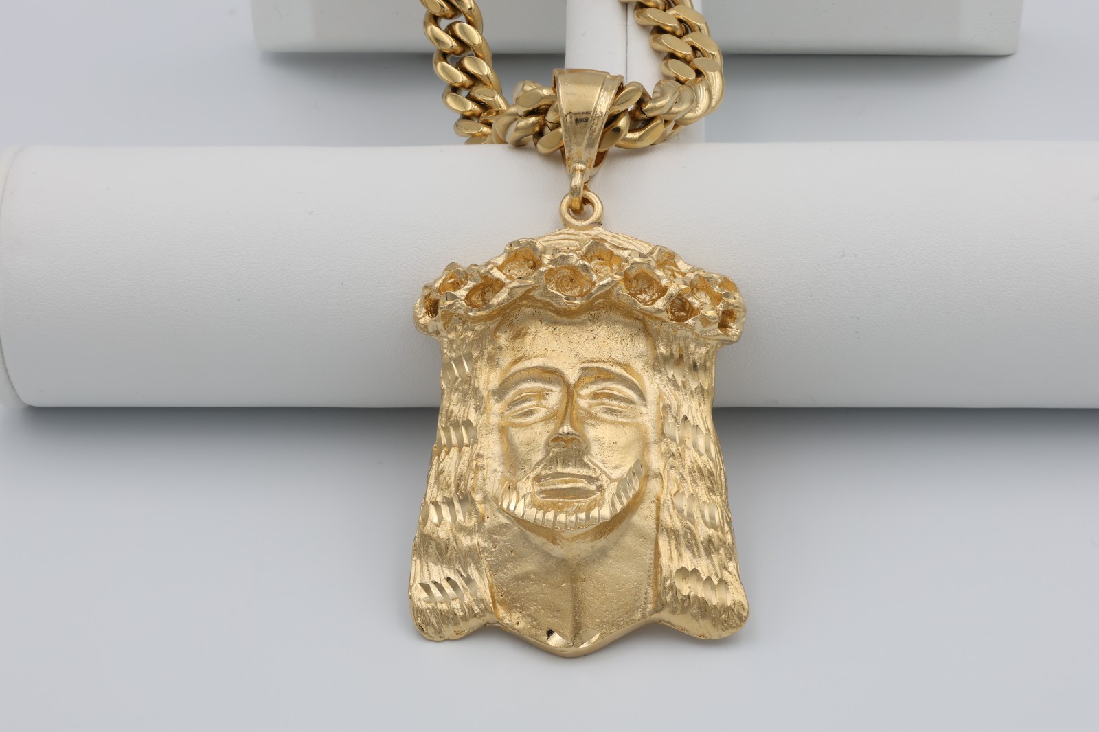 Jumbo Jesus Face Pendant Necklace, 10mm Cuban Chain, Heavy Plated Gold