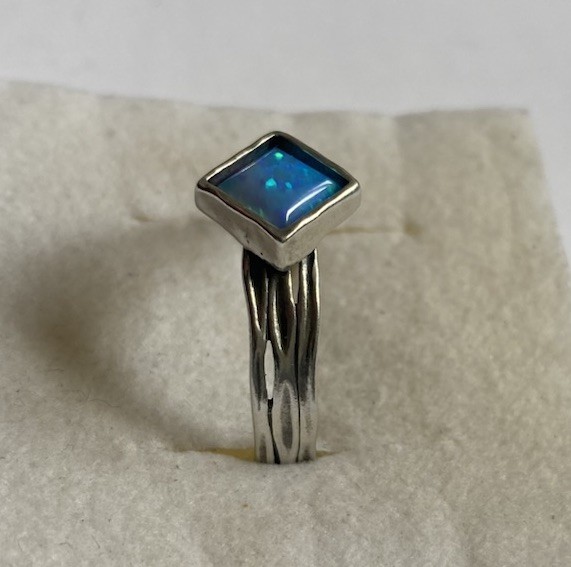 Sterling Silver, Square Bezel Set Lab Opal, Ring By PZ Creations