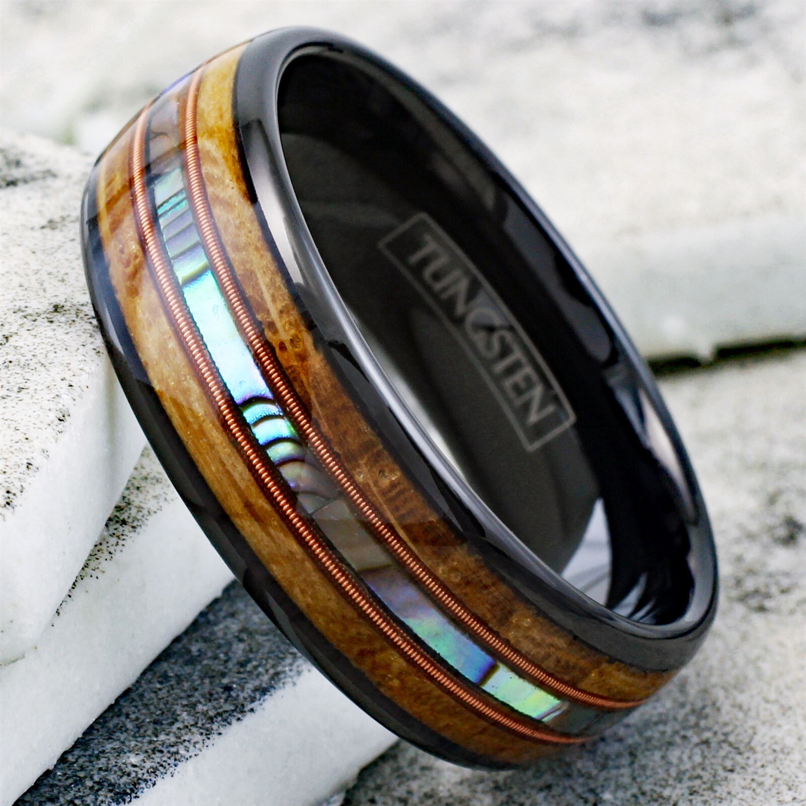 Engraved 8mm Black Tungsten Whiskey Barrel Wood Abalone Dual Guitar String Ring