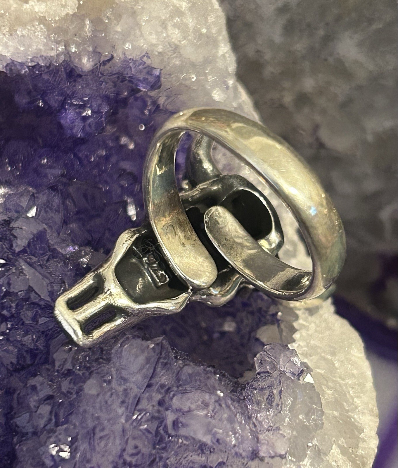 Sterling Silver Modern Taxco Bull Cow Skull w/ Flower Crown Ring Adjustable