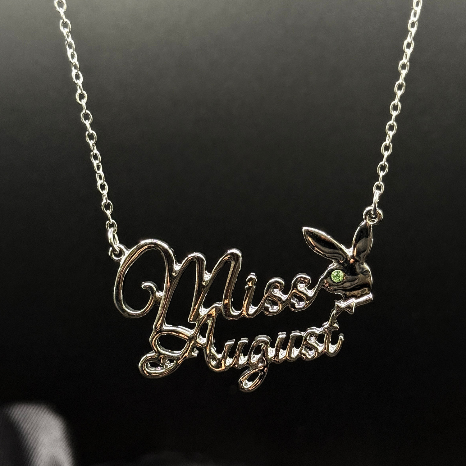 Playboy Miss August Birthstone Necklace Peridot Lime Green Crystal Silver Tone