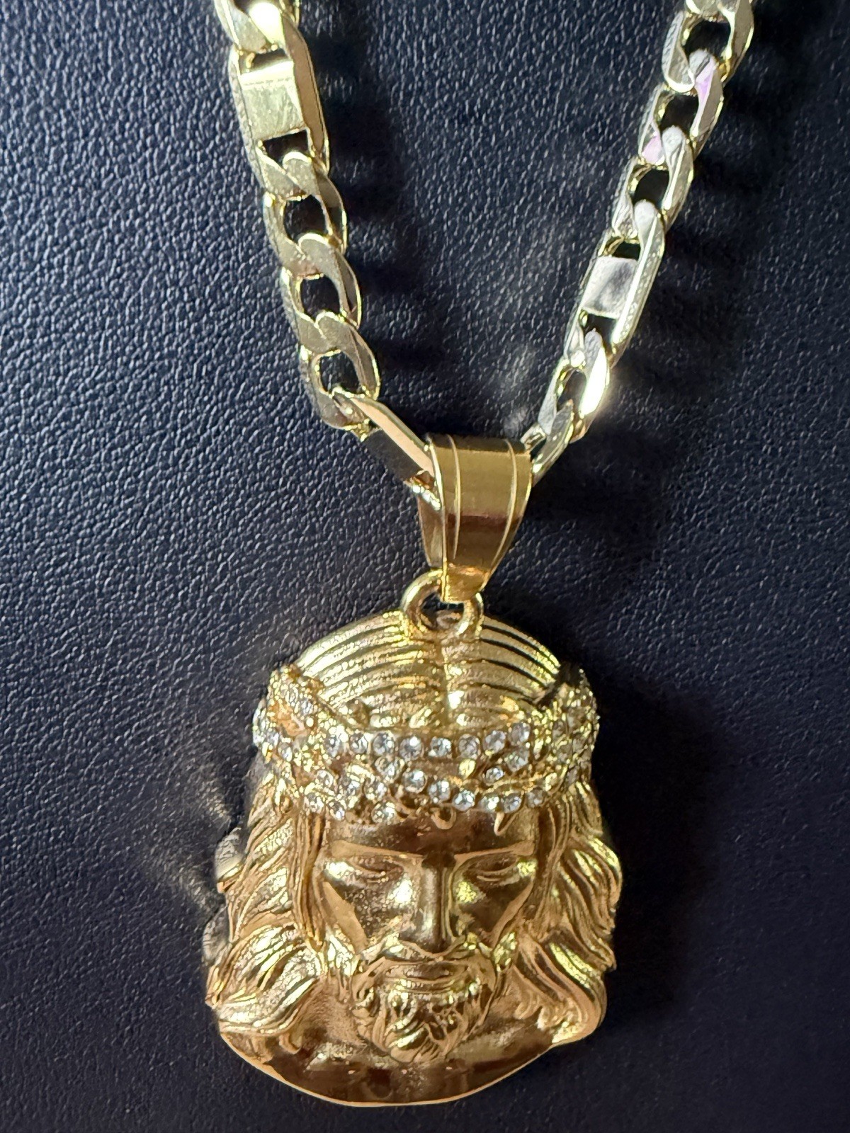 Gold Figaro Chain none tarnish Jesus Head Pendant White CZ Lobster