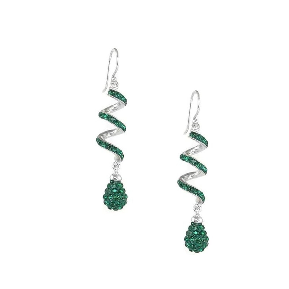 14K White Gold Plated Emerald Spiral Shape Crystal Drop Dangle Hook Earrings
