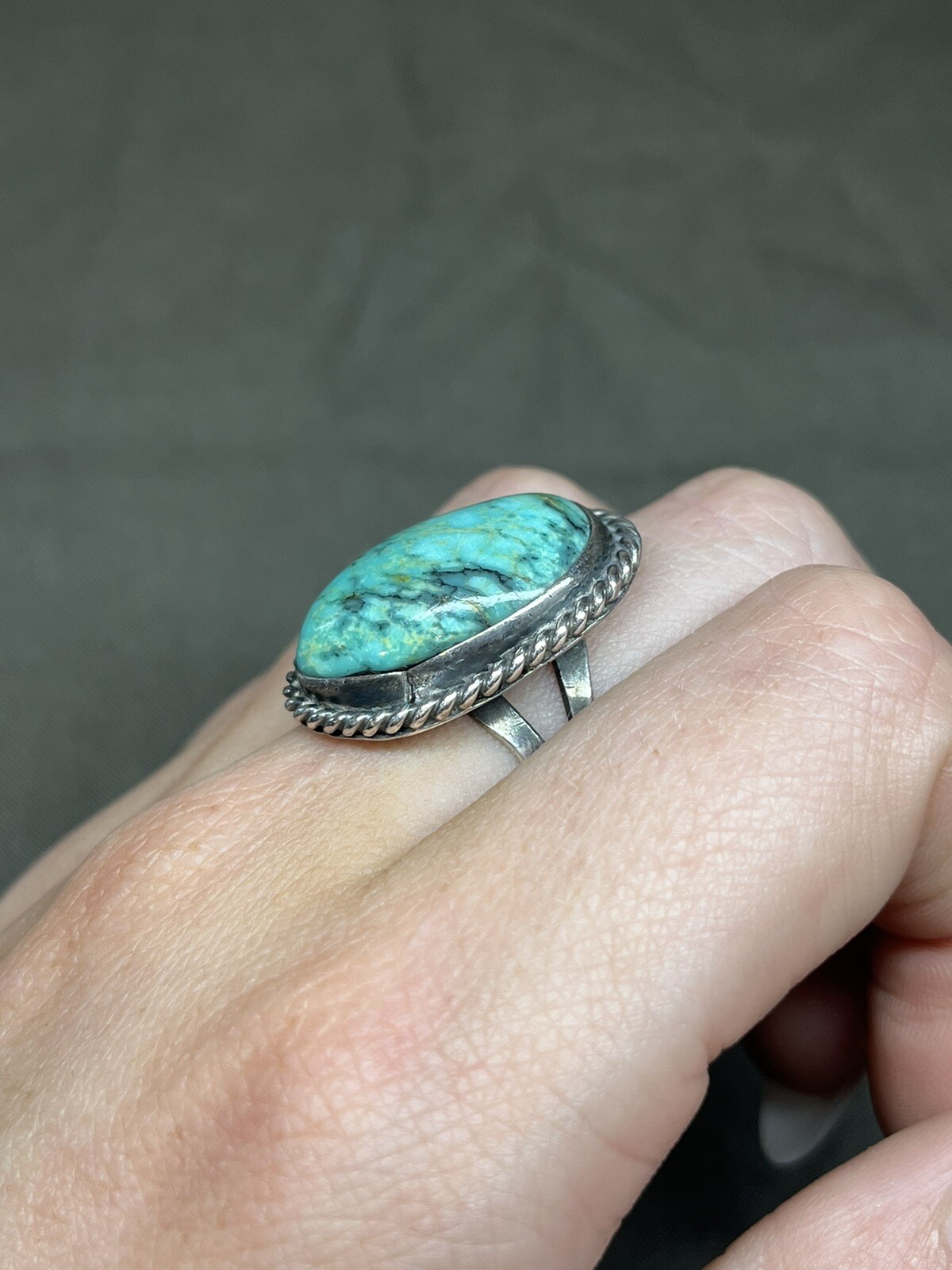 Sterling Native Southwestern Turquoise Ring Sz 7.25 Unsigned Rope Frame Marbled
