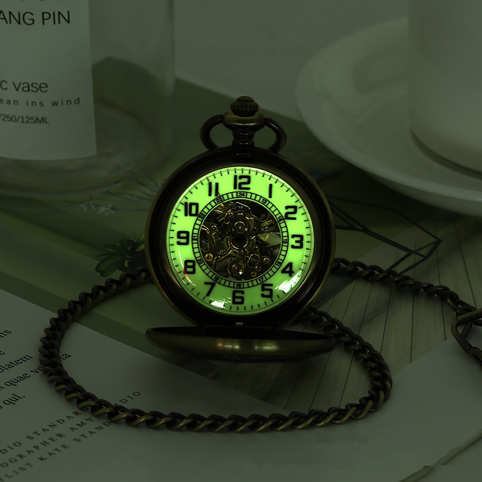 Luxury Classic Mechanical Black Steampunk Skeleton Pocket Watch with Chain