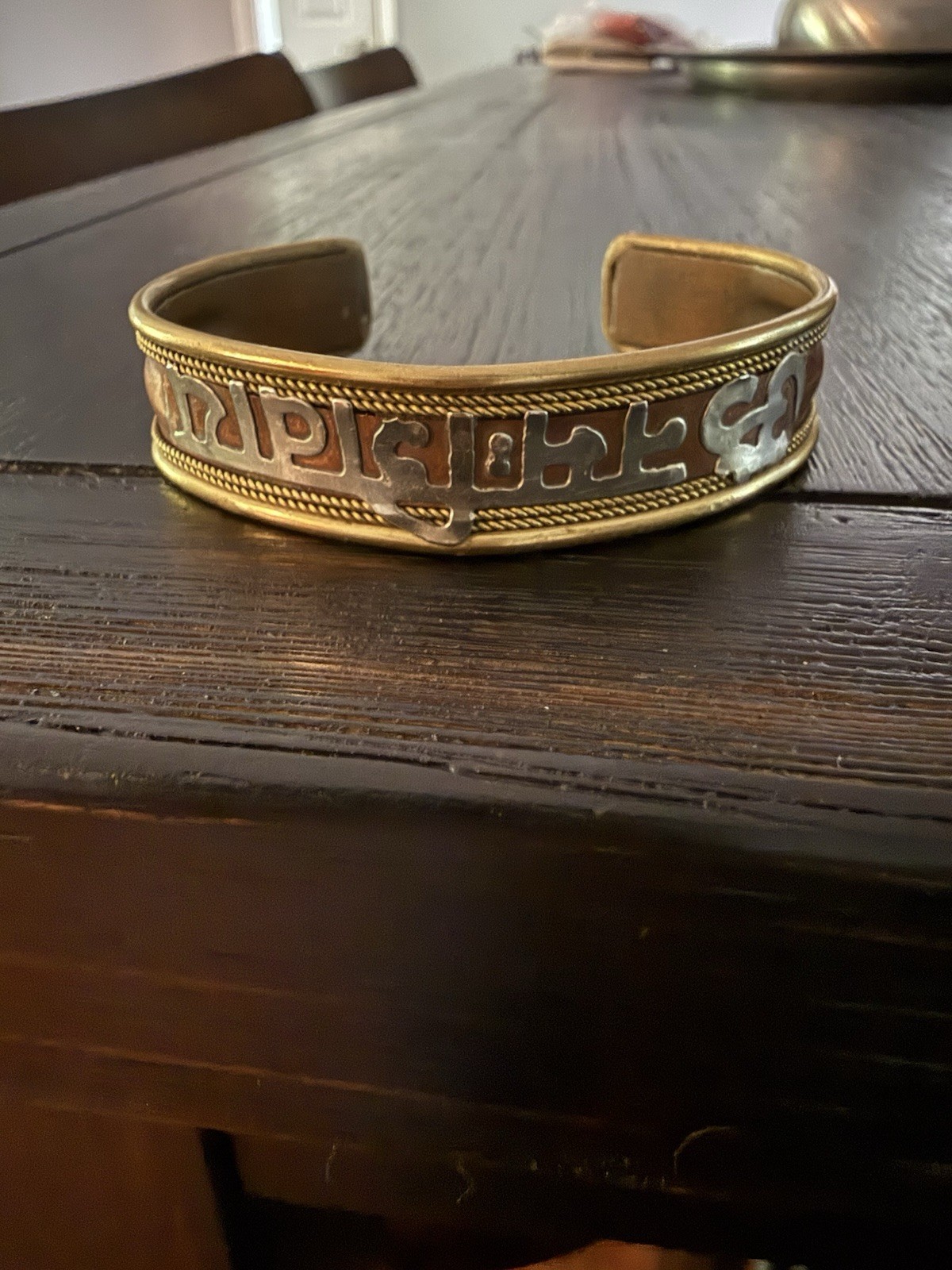 Vtg Nepal Tibetan Om Mani Padme Hum Mantra Cuff Bracelet Brass Coral Cabochon