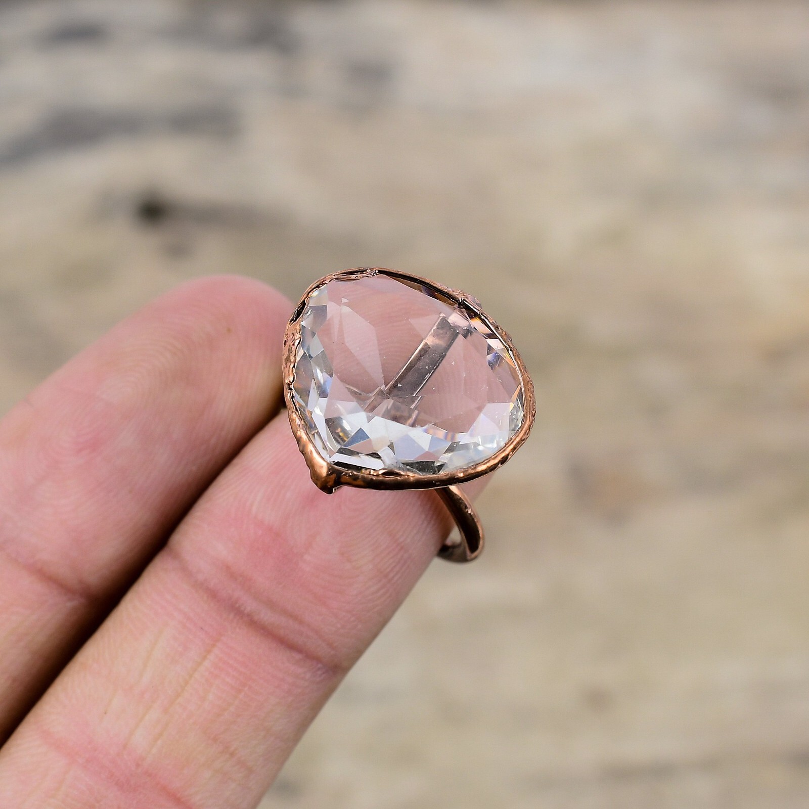 White Topaz Copper Love Gift Electroformed Adjustable Ring Size Adjustable