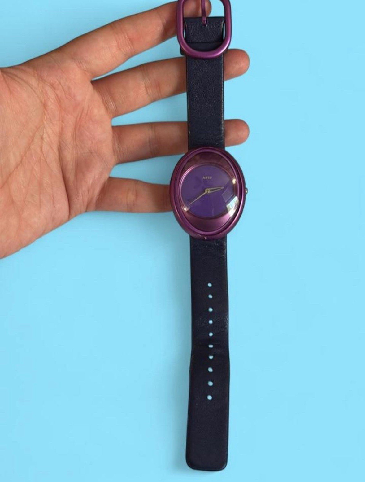 Alessi Women’s Quartz Analog Wristwatch Purple Round Case Dial Blue Leather