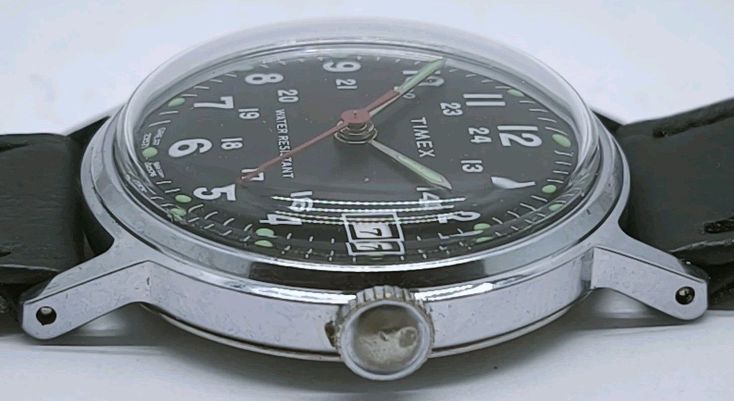 Vtg 1976 Timex Sprite Military Style Mechanical Date 30mm Watch Great Britain
