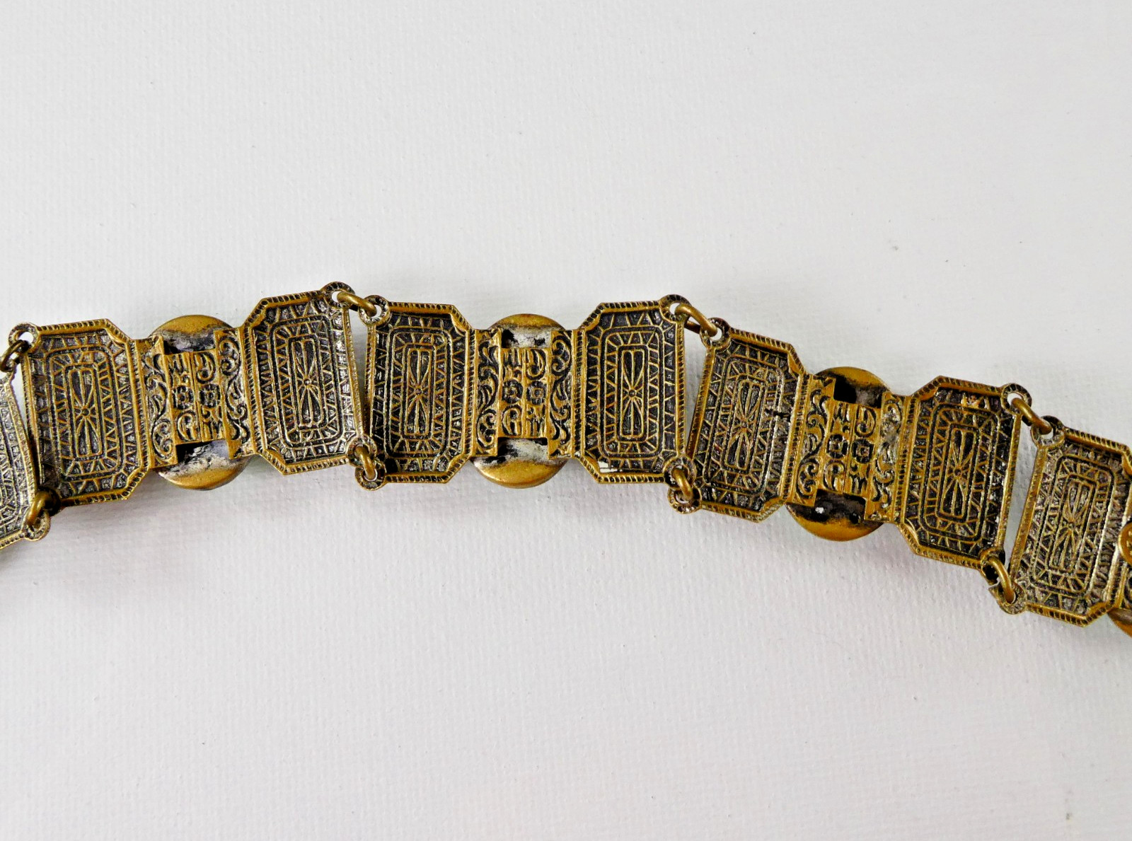 Vintage Czech Ornate Brass Tone Bracelet Filigree Links Peking Glass Cabochons