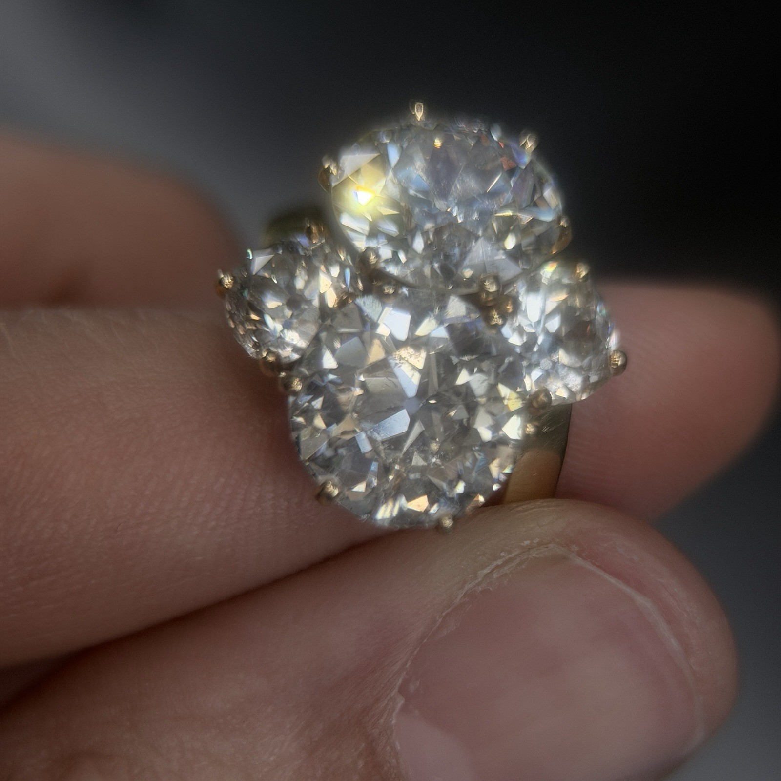 Over 9 Carat Two Old European Cut Diamond 2 Old Mine cut Diamond 18k Ring French