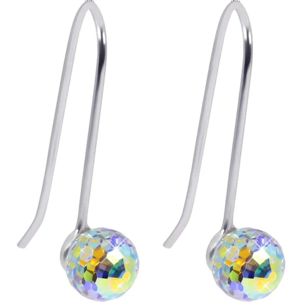 18k White Gold Plated Aurora Borealis 5MM Round Disco Ball Crystal Drop Earrings