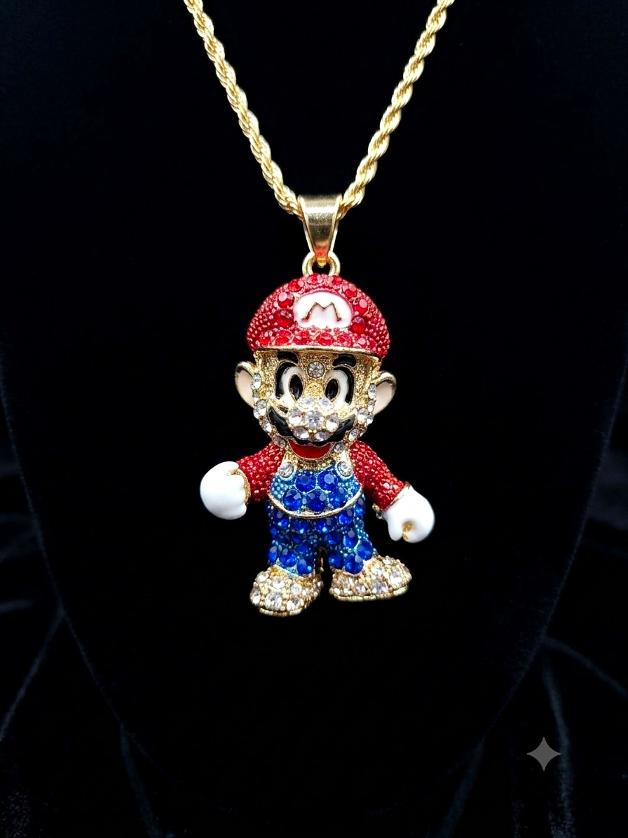 Betsey Johnson Signed Mario Crystal Statement Necklace NWT Gold Tone 27″ Chain