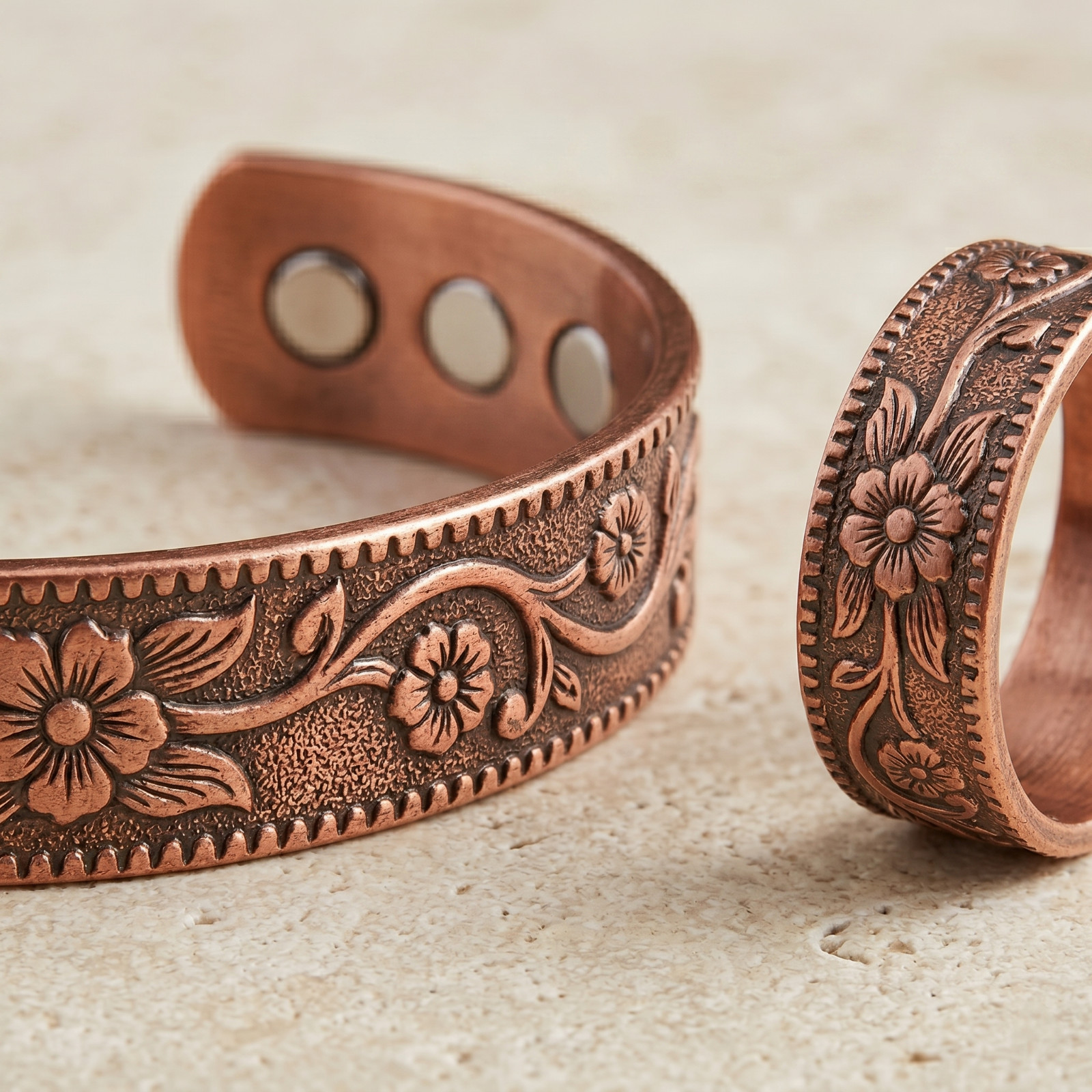 Antique Flower Copper Bracelet Ring Set Vintage Magnetic Cuff Bangle Gift