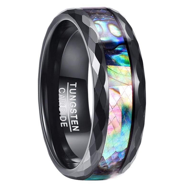8mm Abalone Shell Men Ring Faceted Tungsten Carbide Wedding Band Comfort Fit
