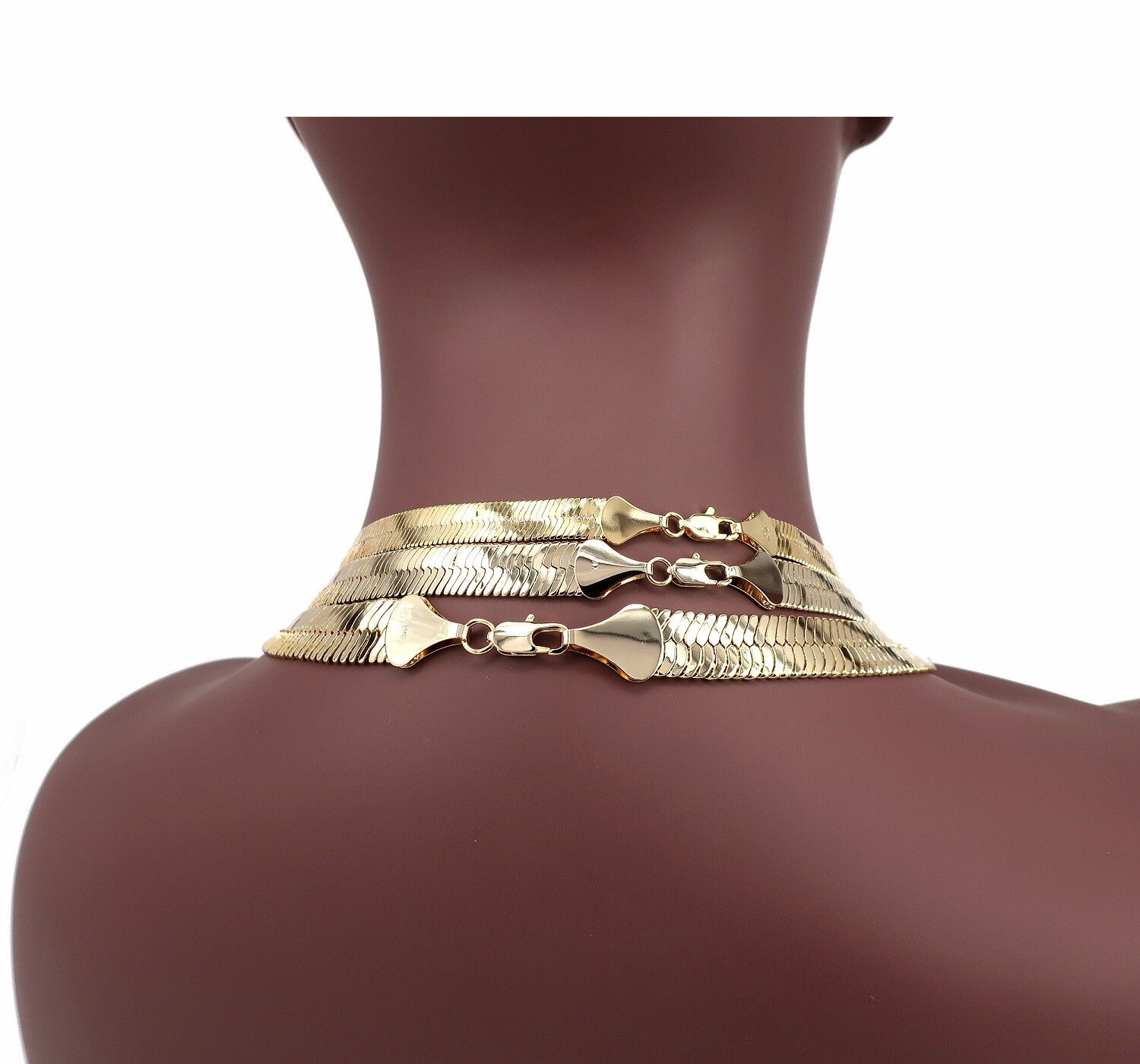 Yellow 14K Flat Herringbone Chain 9mm, 11mm, 14mm Necklace Gold Plated