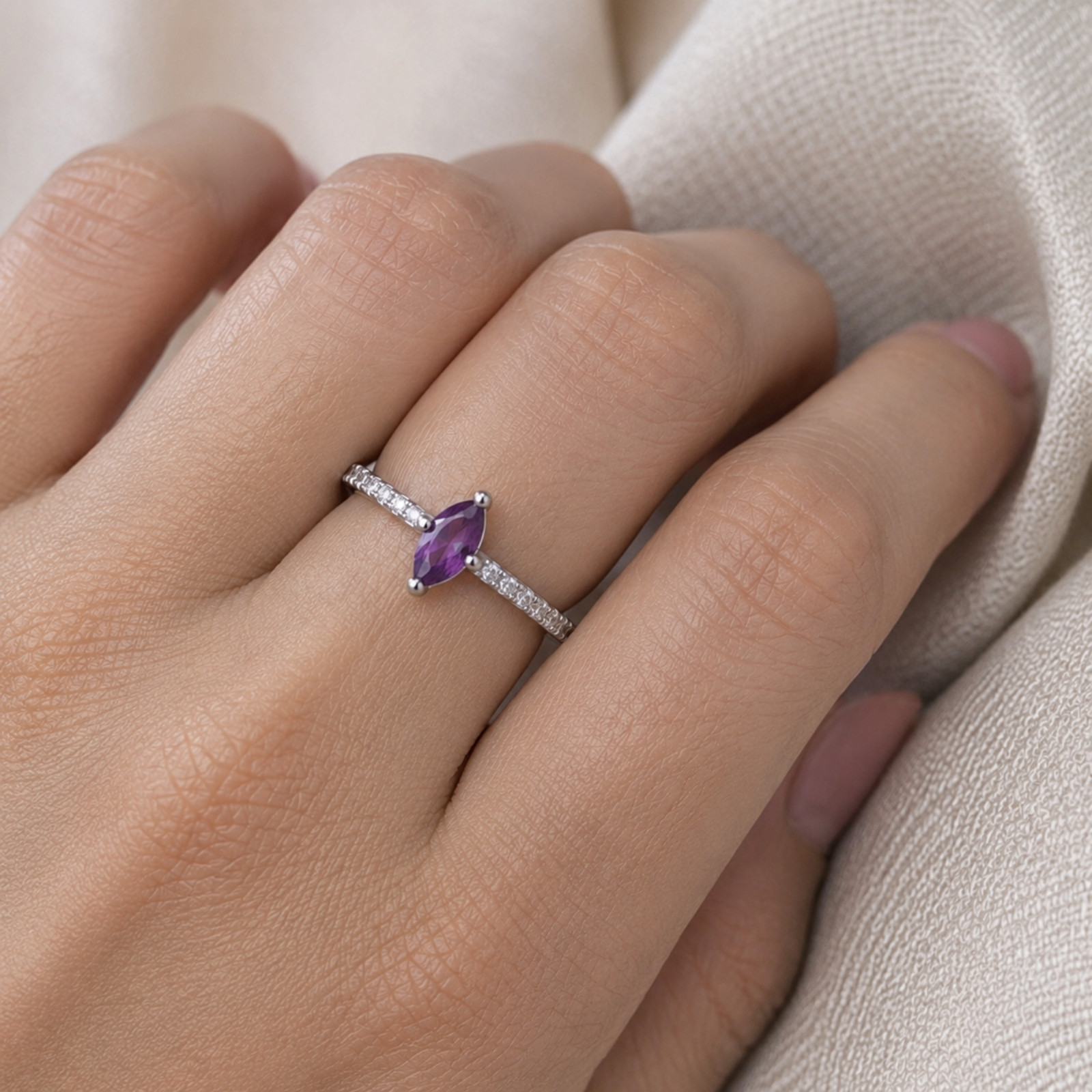 925 Sterling Silver Marquise Purple Amethyst Ring White Zircon Dainty Gift Ring
