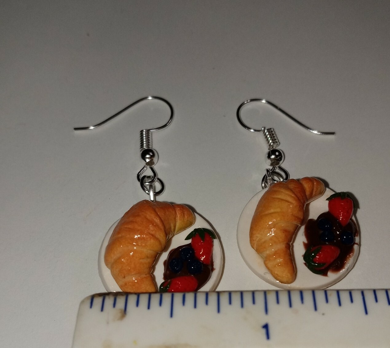 Croissant And Fruit Plate Earrings Silver Wire Bread Fruit Chocolate Dip