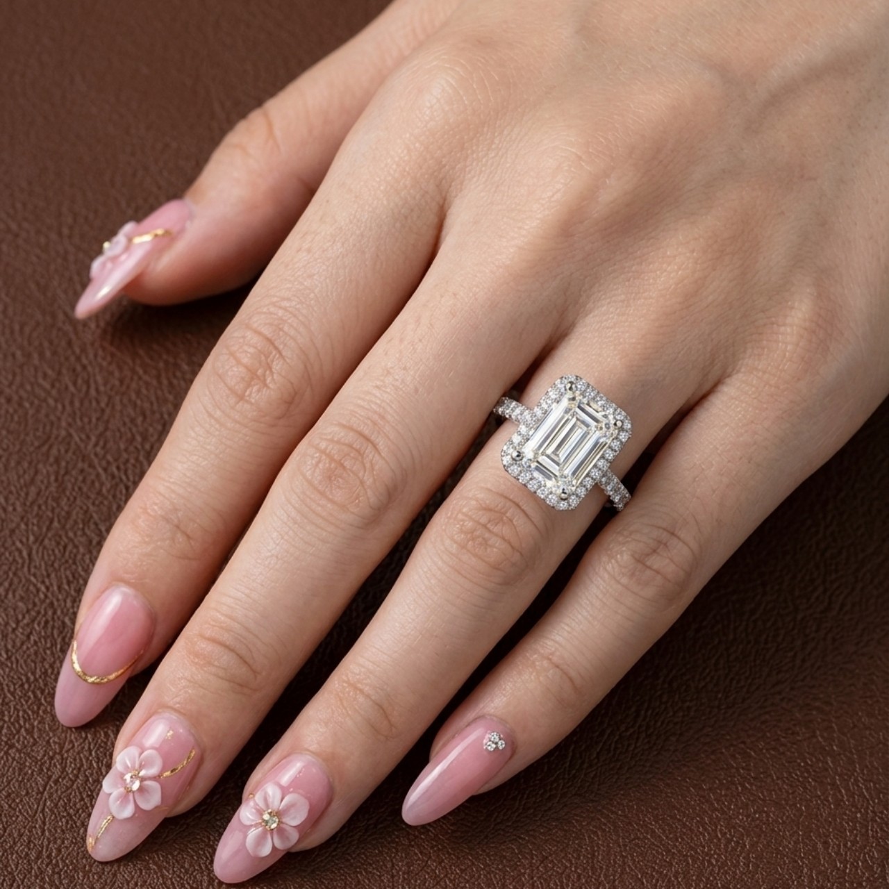 2.00 Ct Emerald Cut Halo Engagement Ring with Pavé Band Statement Jewelry