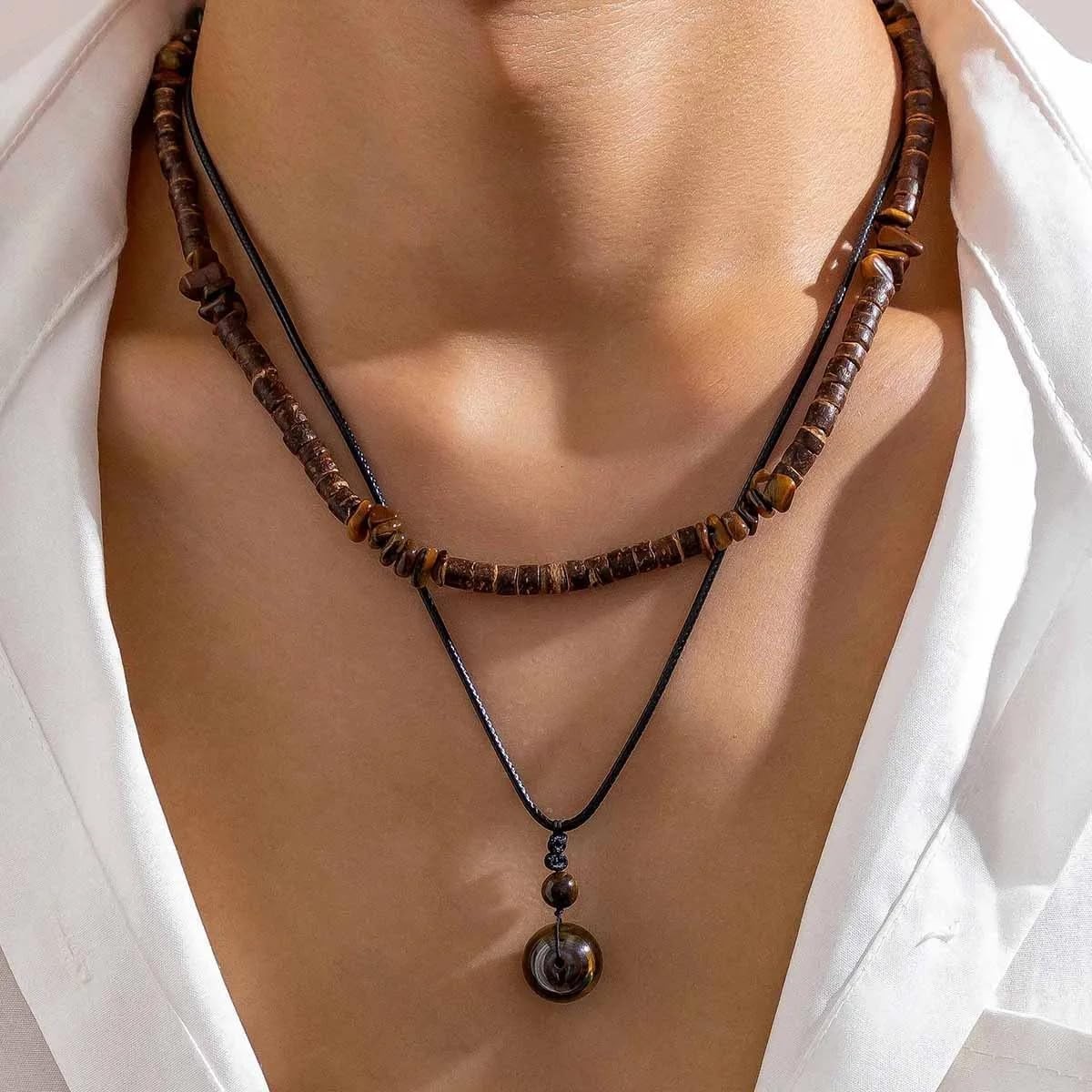 Adjustable Layered Necklace with Tiger’s Eye & Coconut – Perfect Summer Gift