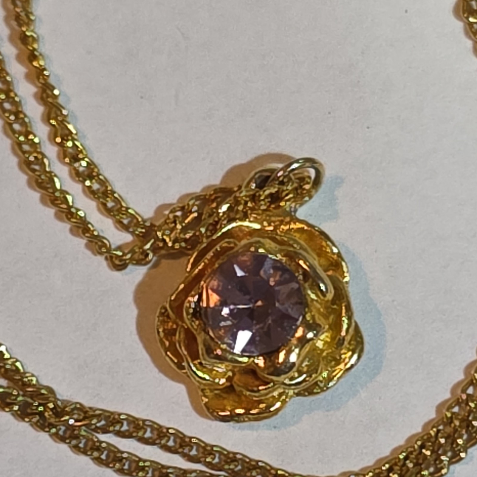 Gold Tone Chain Necklace Purple Round Crystal Flower Charm Pendant