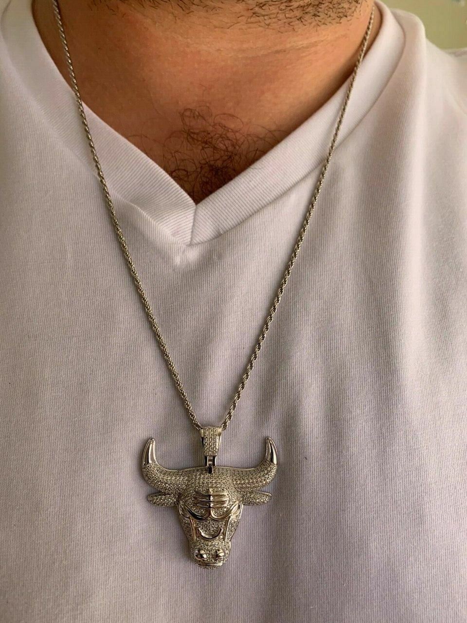 Real Solid 925 Silver Chicago Bulls Iced Pendant Chain 1.5×1.5″ Icy Jordan Piece