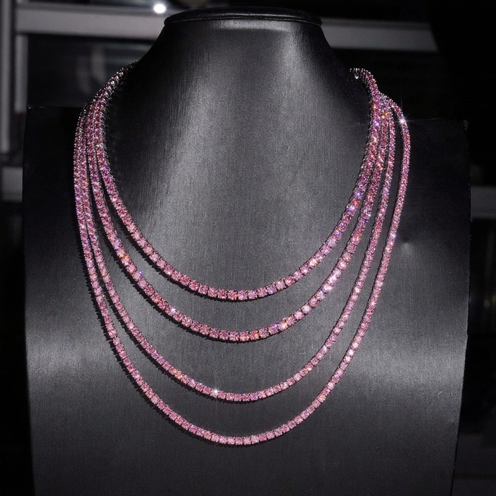 3-4mm PINK VVS1 D Moissanite Tennis Chain Bracelet Necklace 925 Sterling Silver