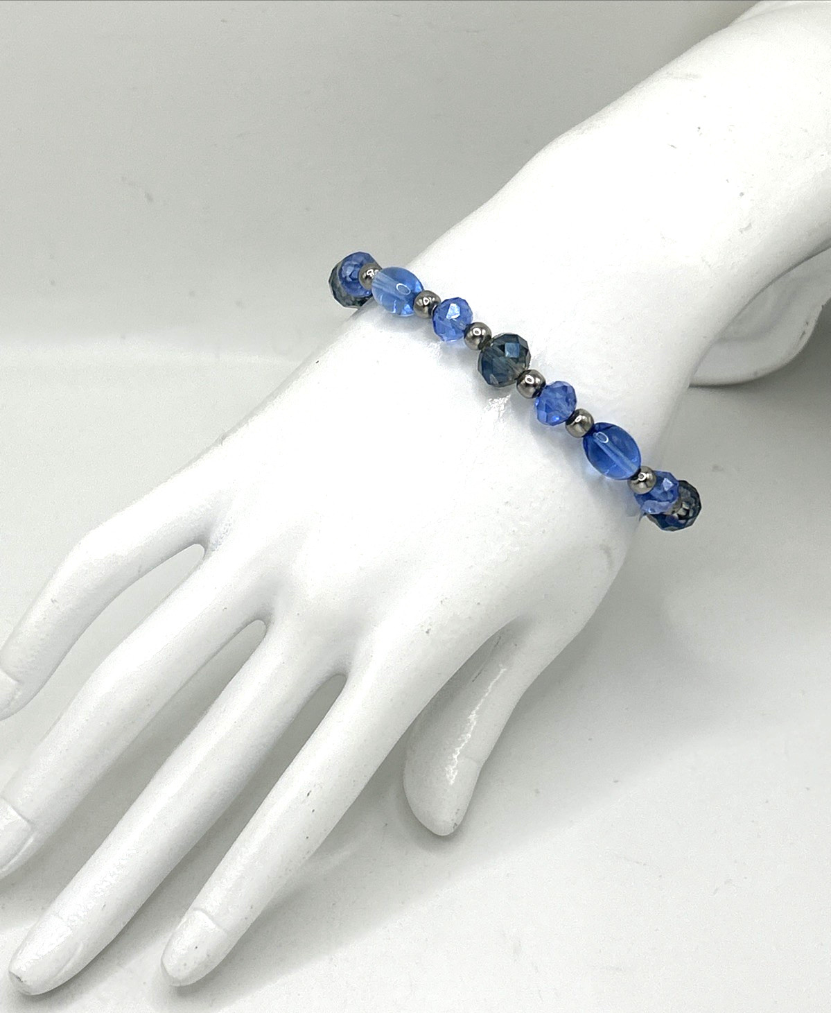 7.5″ Blue Glass & Stainless Steel Beaded Stretch Bracelet- Trendy & Stackable