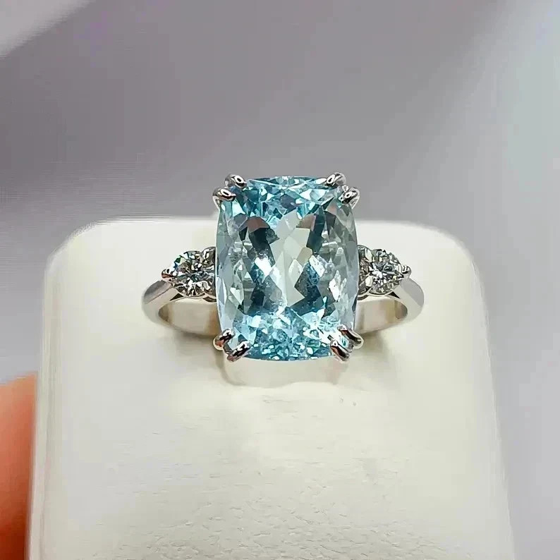 Cushion Cut 6.50 Ct Natural Aquamarine & Diamond Solid 14K White Gold Ring