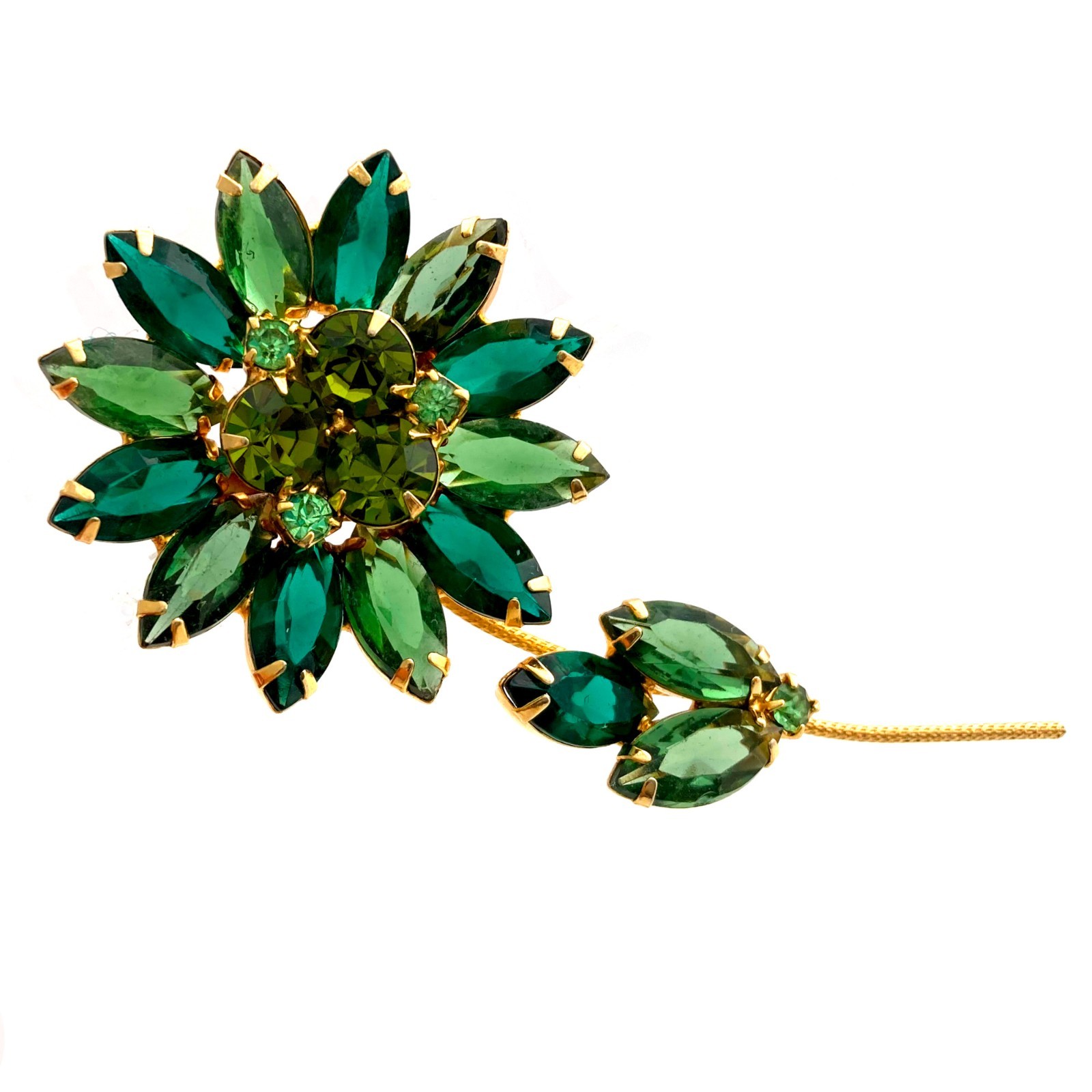 Vintage 1960s Unsigned Flower Blossom Green Rhinestone Floral Figural Brooch Pin