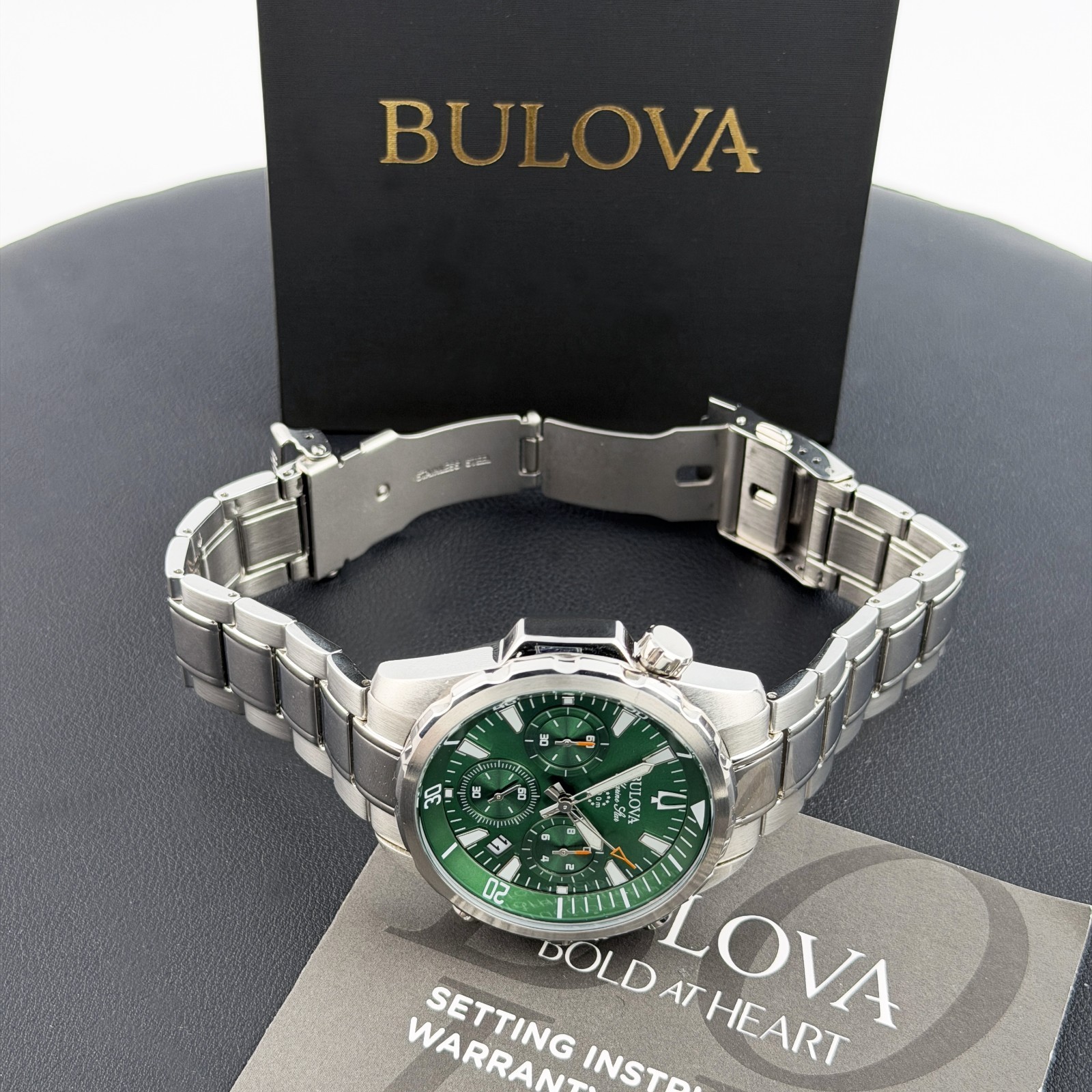 Men’s Bulova Marine Star Green Dial Chronograph 96B396 Quartz New Watch 43mm