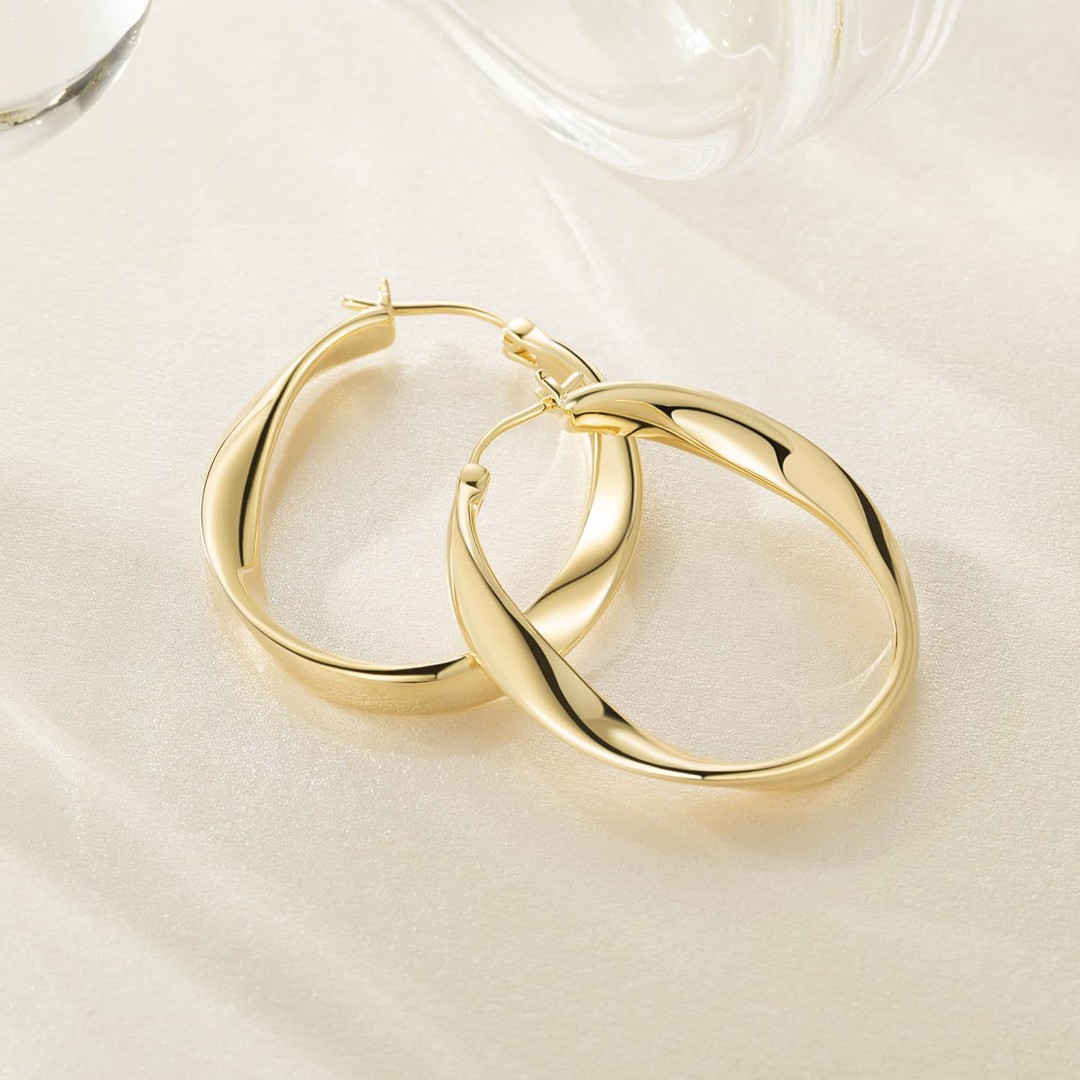 14K 25/30MM Gold Hoop Earrings for Women Large Earring Thick Hoop Twisted Wave
