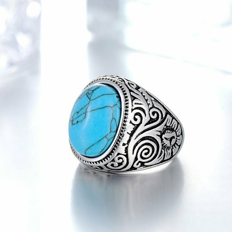 MENDEL Mens Oval Turquoise Stone Ring Men Stainless Steel Size 7 8-15
