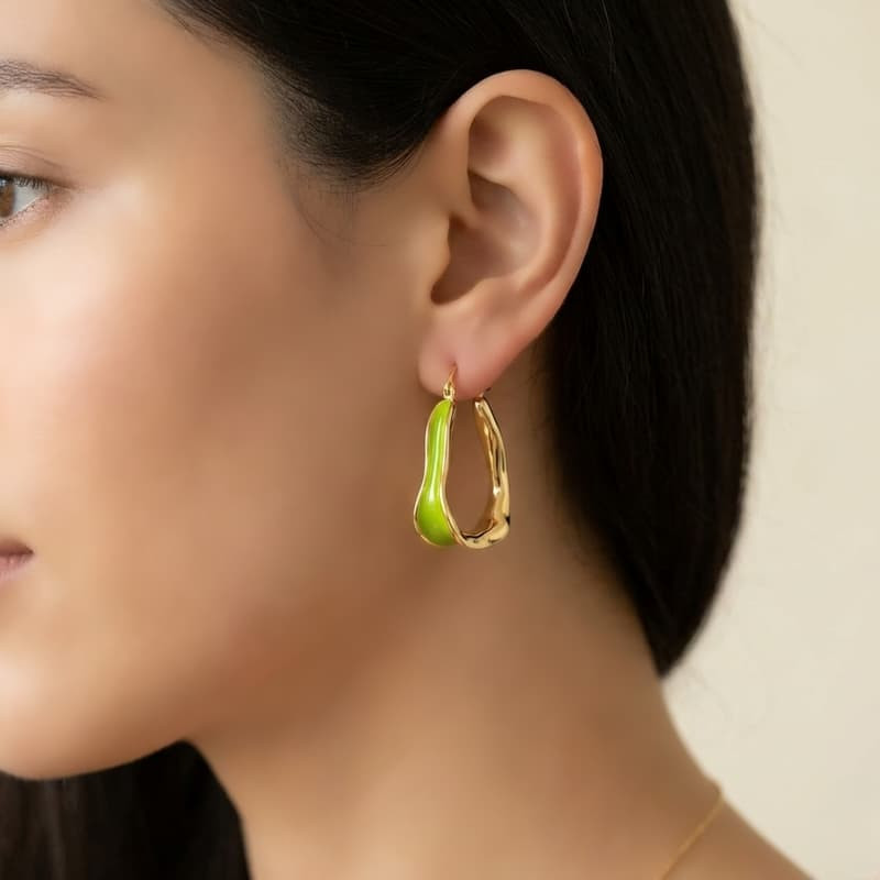French Vintage Irregular Gold Hoop Earrings Green Enamel Dangle Leverback Gift
