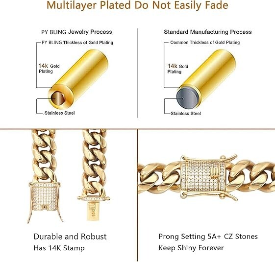 14k Gold Plated Stainless Steel Miami Cuban Link Bracelet Or Chain with CZ Clasp